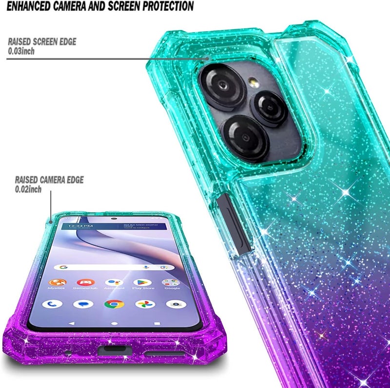 WDHD Compatible with Blu View Speed Ultra 5G Phone Case Glitter Aqua/Purple | Full-Body Protective Shockproof Bumper Cover with Tempered Glass Screen Protector, 12FT Military Grade Drop Tested - Image 2